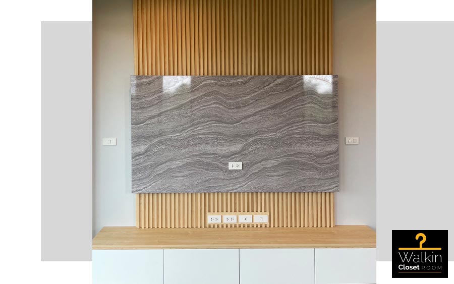 ตู้ TV Built-in โครง HMR เคลือบ Melamine สี Maple + ขาว + Dark Lavant