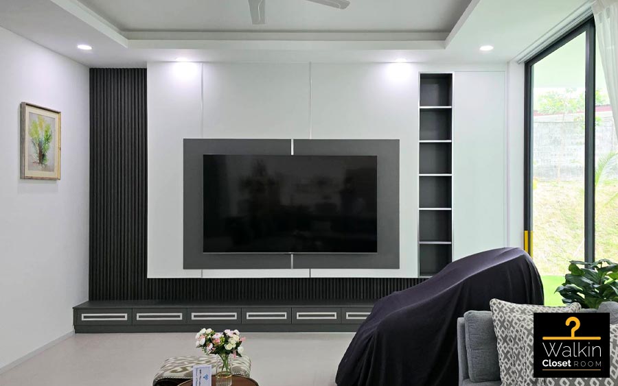 ตู้ TV Built-in โครง HMR กันชื้น เคลือบ Melamine สีเทา + สีขาว