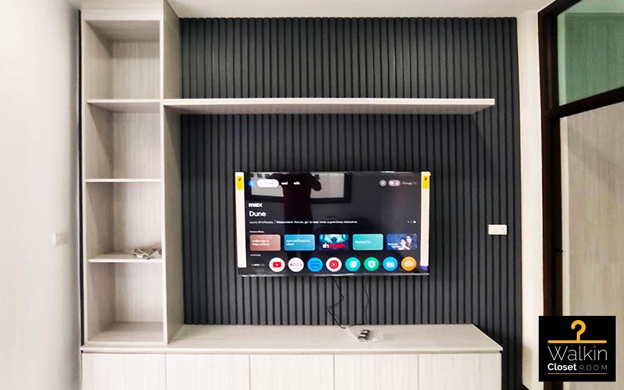 ตู้ TV Built-in โครงปาติเกิล กันชื้น เคลือบ Melamine สี Grey Teak + เทาเข้ม