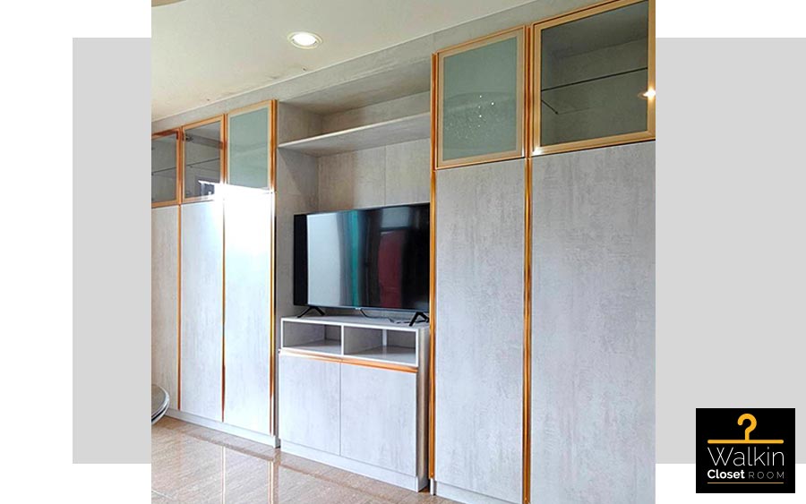 ตู้ TV Built-in โครง HMR กันชื้น เคลือบ Melamine สี 2015-20 ผิวเรียบด้าน